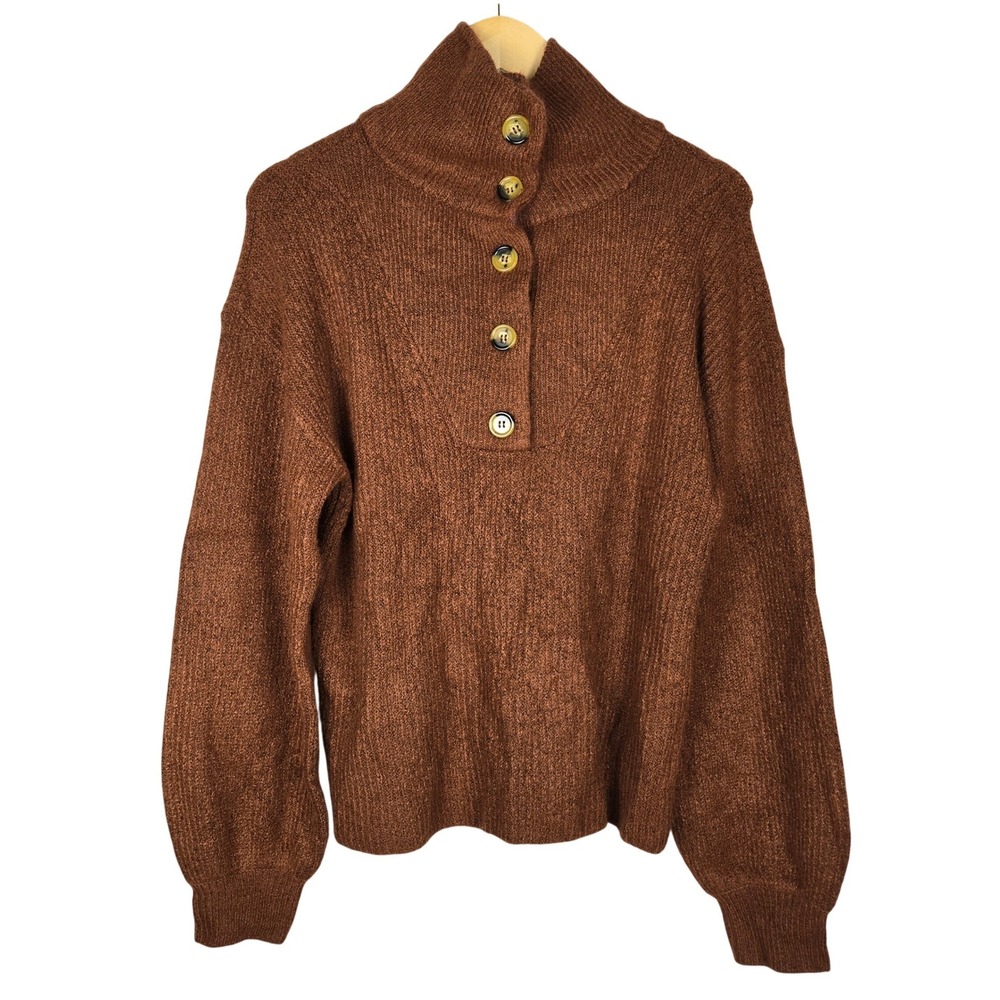 Marled True Auburn Balloon Sleeve Fold Over Collar Button Neck Sweater Small